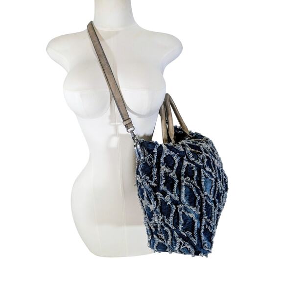 MMS Distressed Denim Patchwork Tote Bag with Removable Strap - Picture 1 of 8